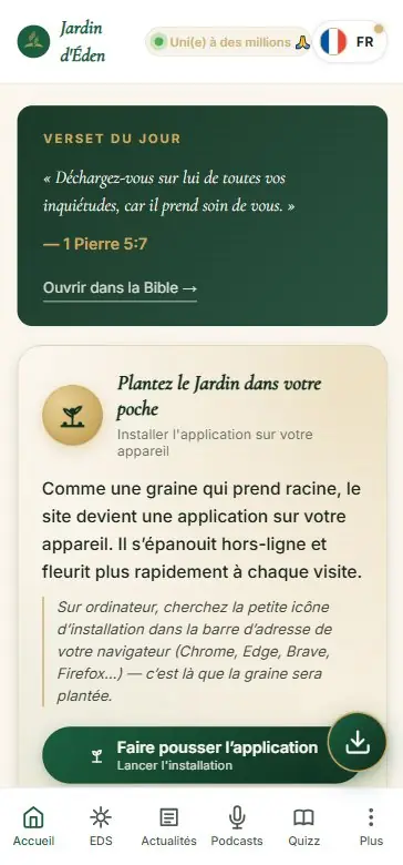Accueil de l'application Jardin d'Éden